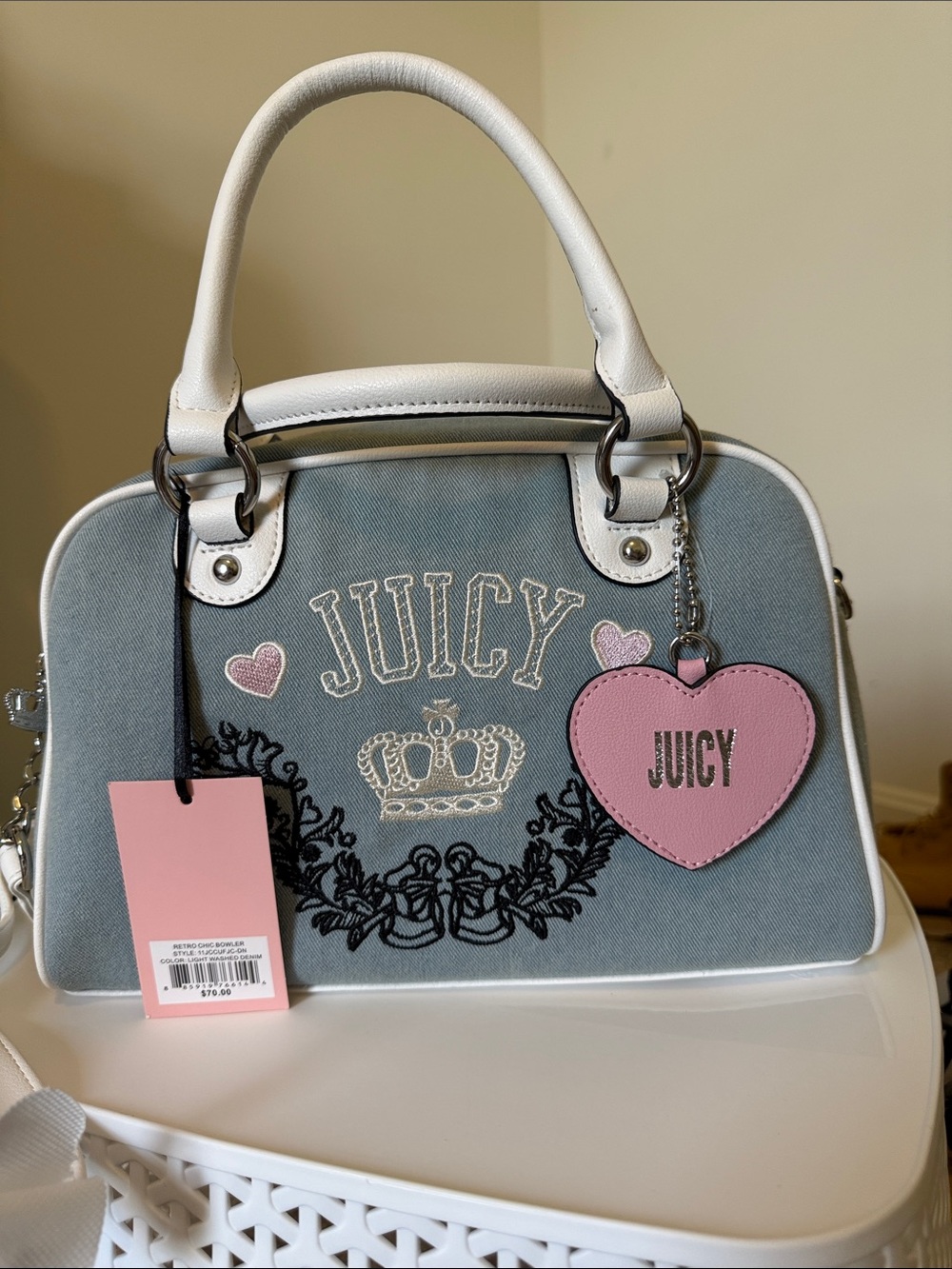 Juicy Couture Blue Denim Satchel with Pink Heart Charm